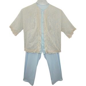 Vanity Fair Vintage Satin Lace Button Up Short Sleeve Pant Pajama Lingerie Set‎